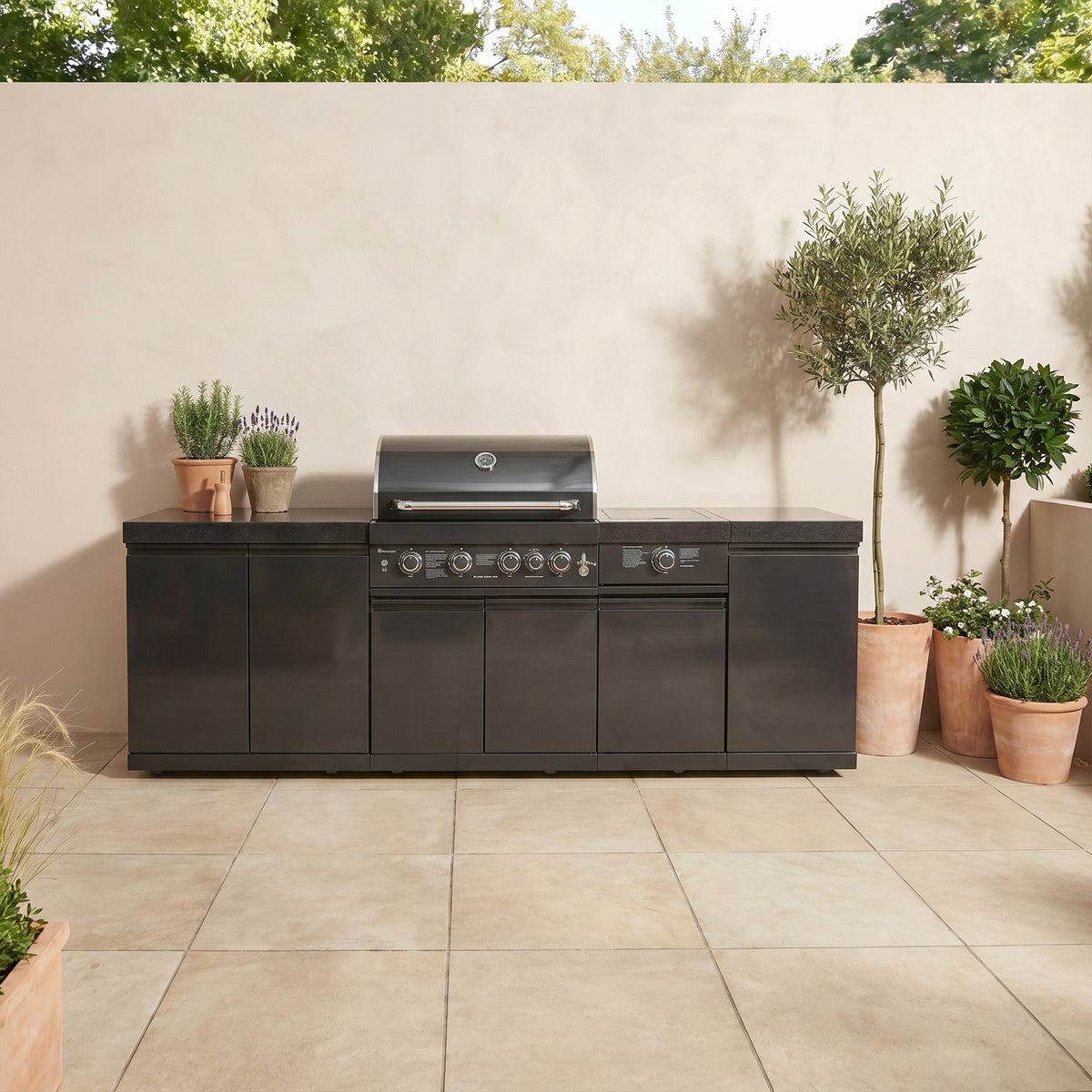Draco Grills 4 Burner BBQ Black Stainless Steel Modular Outdoor Kitchen with Sear Station and Cabinets