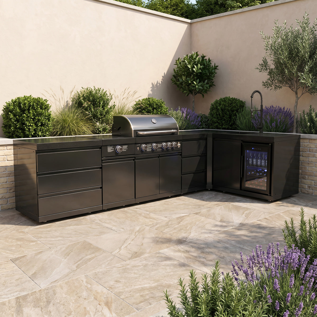 Draco Grills 4 Burner BBQ Black Stainless Steel L-Shape Modular Outdoor Kitchen with Sear Station, Fridge and Sink