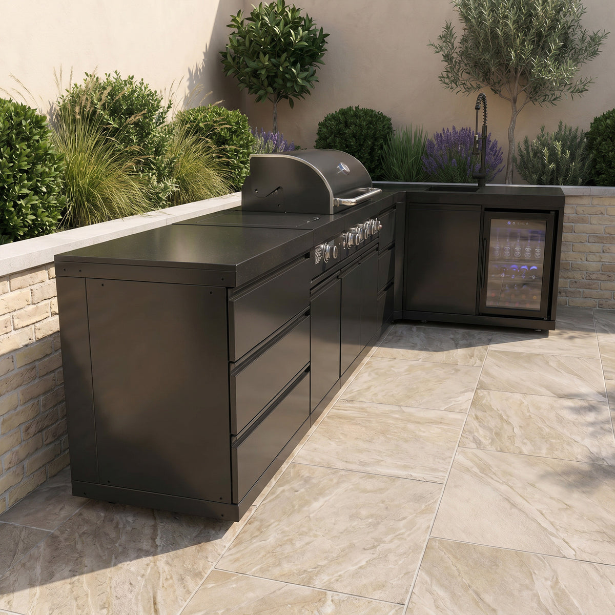 Draco Grills 4 Burner BBQ Black Stainless Steel L-Shape Modular Outdoor Kitchen with Sear Station, Fridge and Sink
