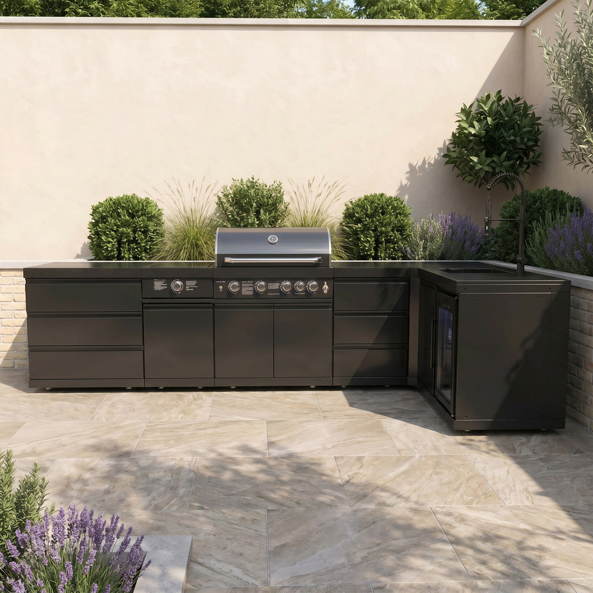 Draco Grills 4 Burner BBQ Black Stainless Steel L-Shape Modular Outdoor Kitchen with Sear Station, Fridge and Sink
