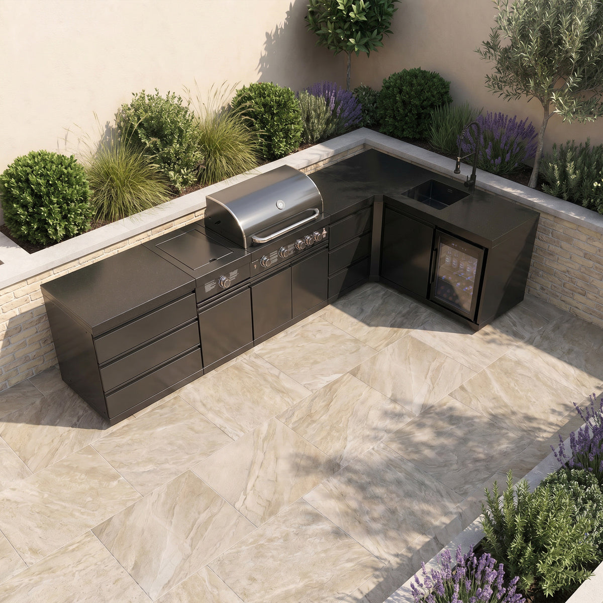 Draco Grills 4 Burner BBQ Black Stainless Steel L-Shape Modular Outdoor Kitchen with Sear Station, Fridge and Sink