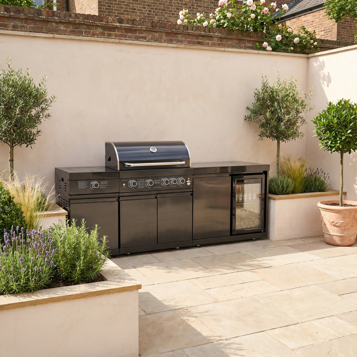 Draco Grills 4 Burner BBQ Black Stainless Steel Modular Outdoor Kitchen with Sear Station and Fridge Unit