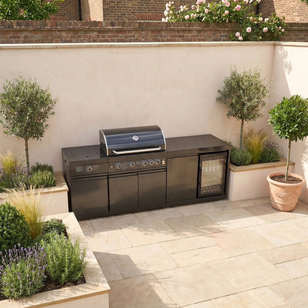 Draco Grills 4 Burner BBQ Black Stainless Steel Modular Outdoor Kitchen with Sear Station and Fridge Unit
