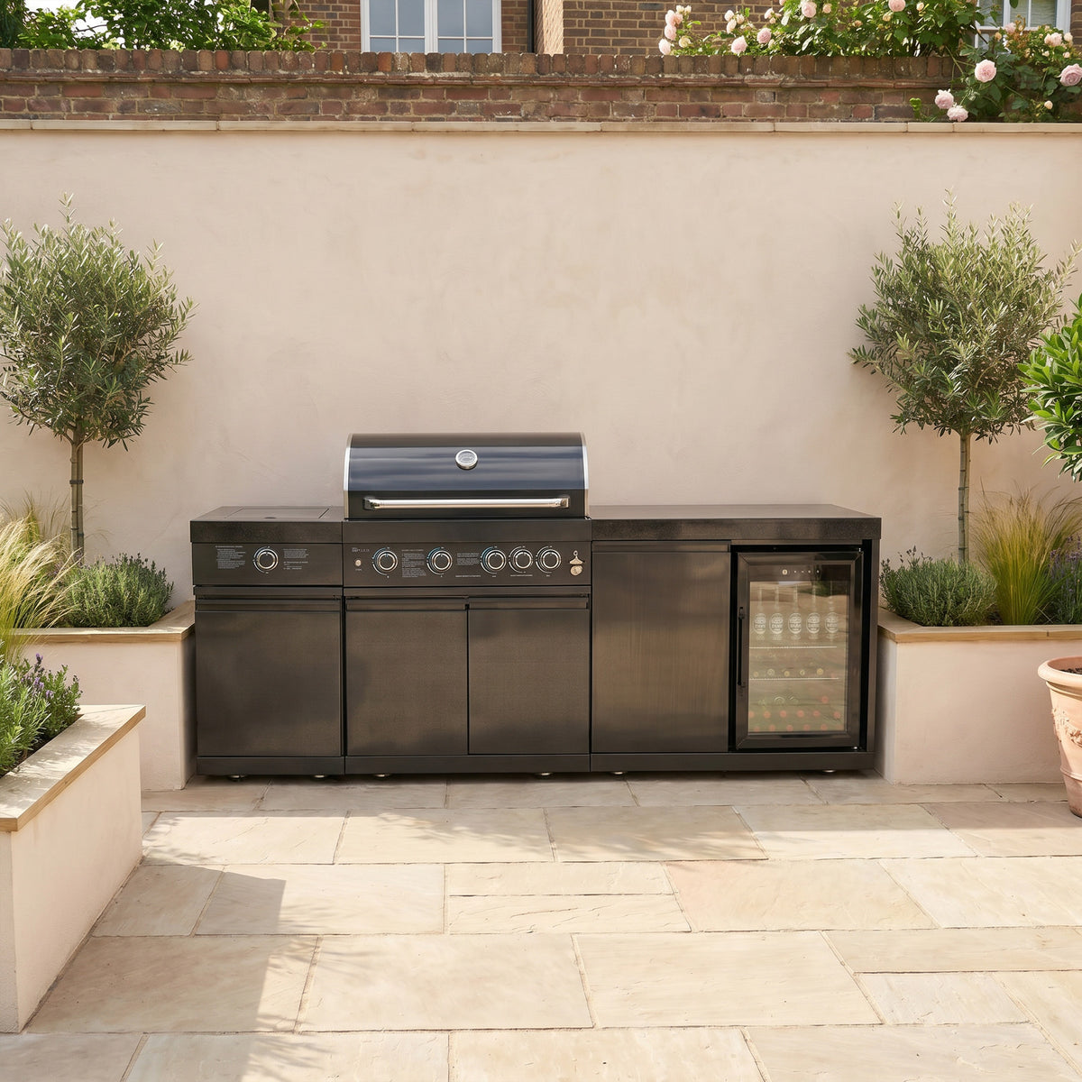 Draco Grills 4 Burner BBQ Black Stainless Steel Modular Outdoor Kitchen with Sear Station and Fridge Unit