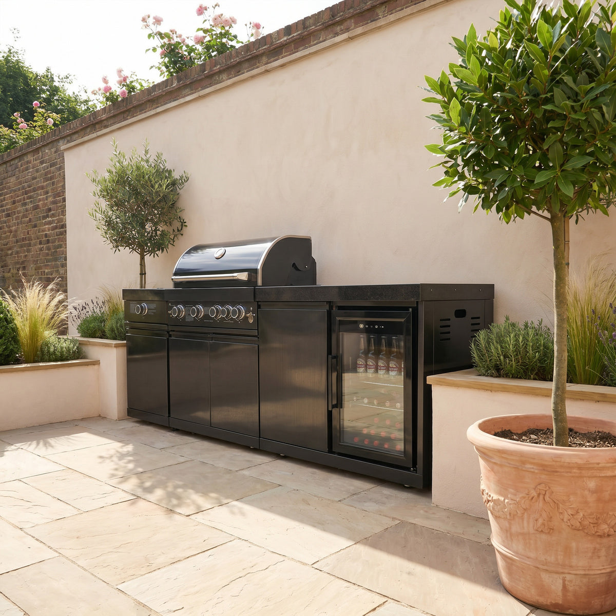 Draco Grills 4 Burner BBQ Black Stainless Steel Modular Outdoor Kitchen with Sear Station and Fridge Unit