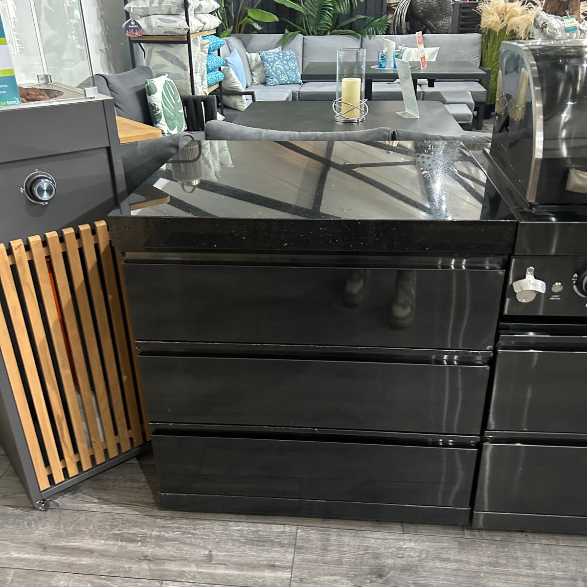 Ex Display Draco Grills 6 Burner BBQ Black Stainless Steel Modular Outdoor Kitchen with Double Fridge and 3 Drawer Unit