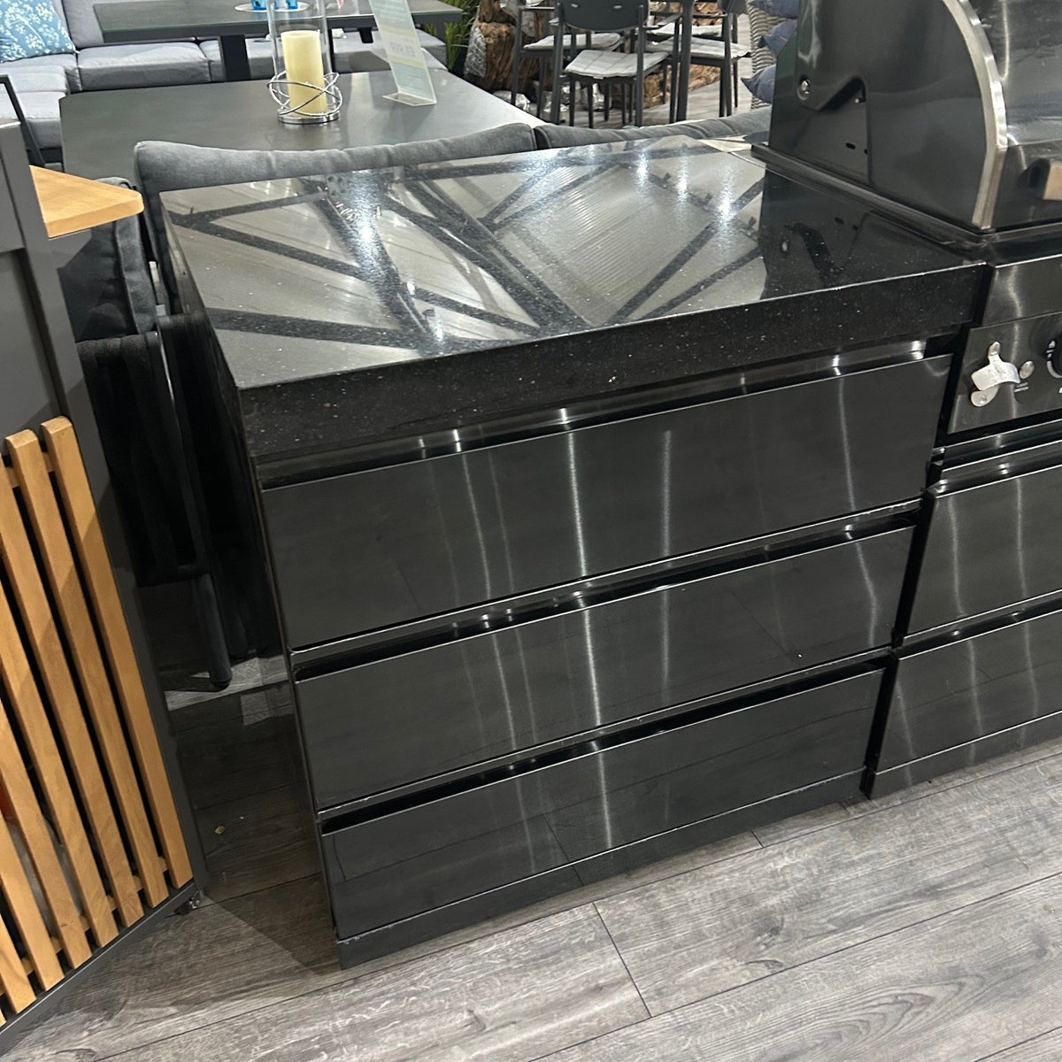 Ex Display Draco Grills 6 Burner BBQ Black Stainless Steel Modular Outdoor Kitchen with Double Fridge and 3 Drawer Unit