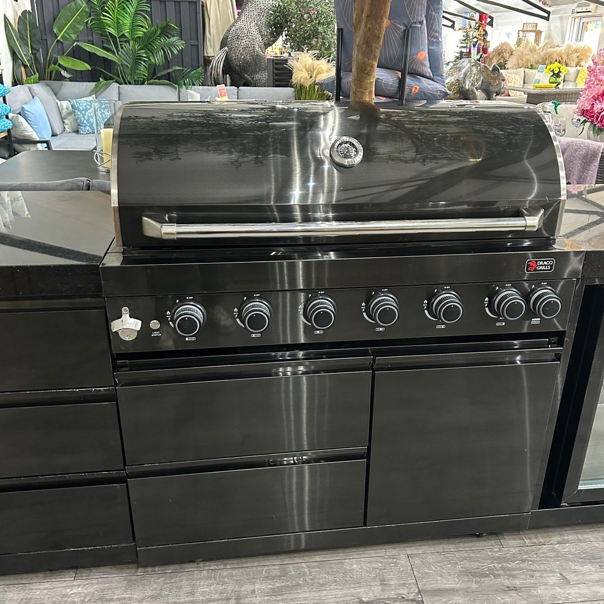 Ex Display Draco Grills 6 Burner BBQ Black Stainless Steel Modular Outdoor Kitchen with Double Fridge and 3 Drawer Unit