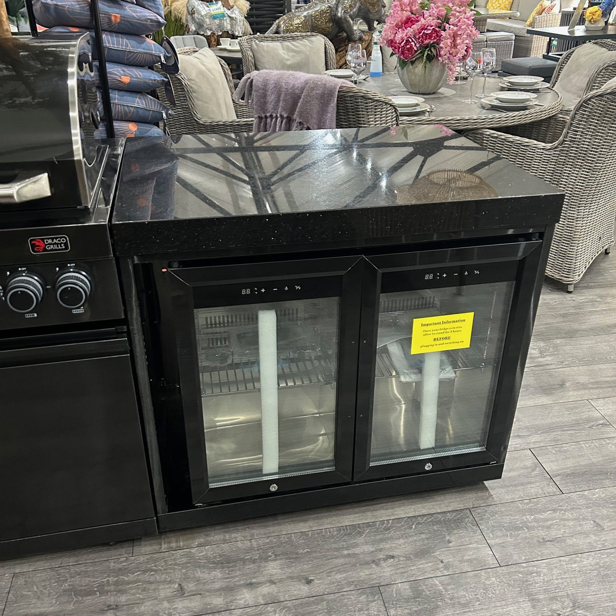 Ex Display Draco Grills 6 Burner BBQ Black Stainless Steel Modular Outdoor Kitchen with Double Fridge and 3 Drawer Unit