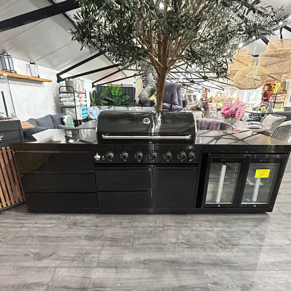 Ex Display Draco Grills 6 Burner BBQ Black Stainless Steel Modular Outdoor Kitchen with Double Fridge and 3 Drawer Unit