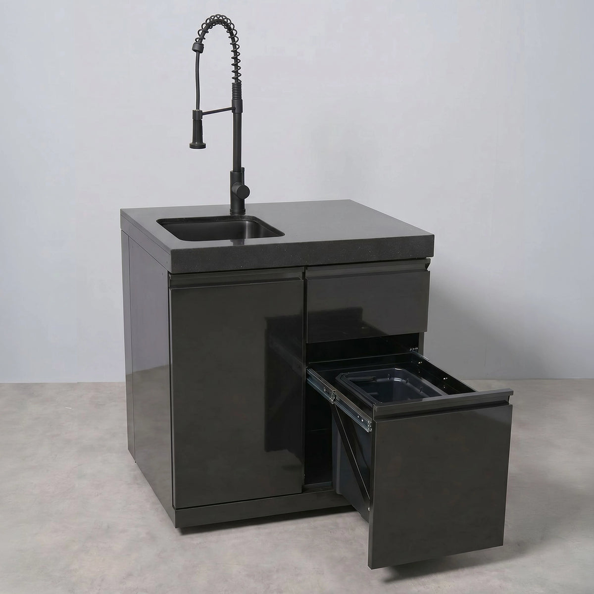 Draco Grills Outdoor Kitchen Black Stainless Steel Sink Unit with Door and Bin Drawer
