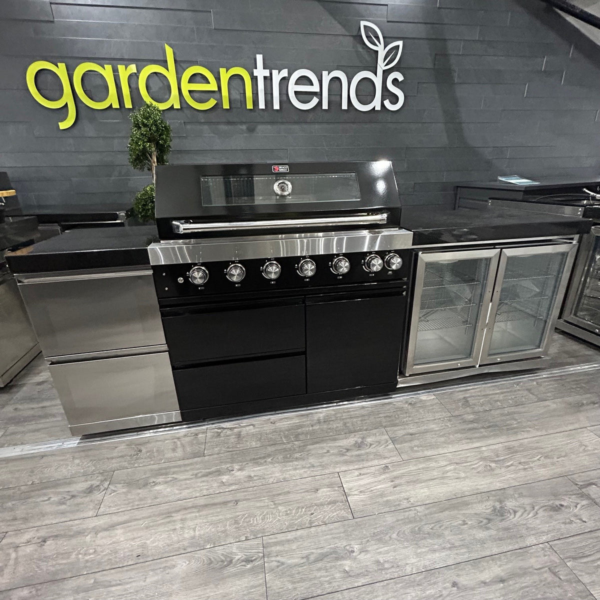Ex Display Draco Grills 6 Burner BBQ Black Modular Outdoor Kitchen with Stainless Steel Double Fridge and Twin Drawer Unit