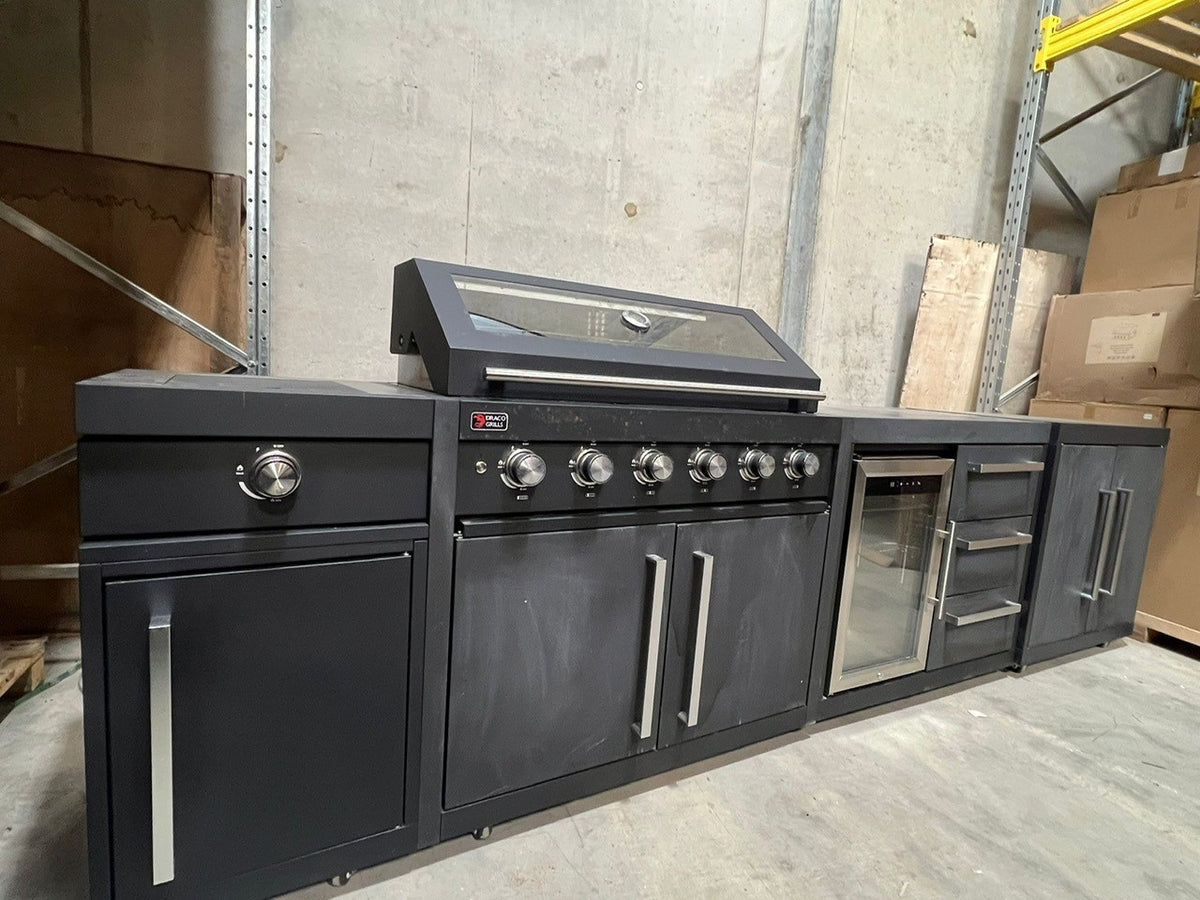 Ex Display Draco Grills Fusion 6 Burner Black Outdoor Kitchen with Side Burner,  Single Fridge and Double Cupboard