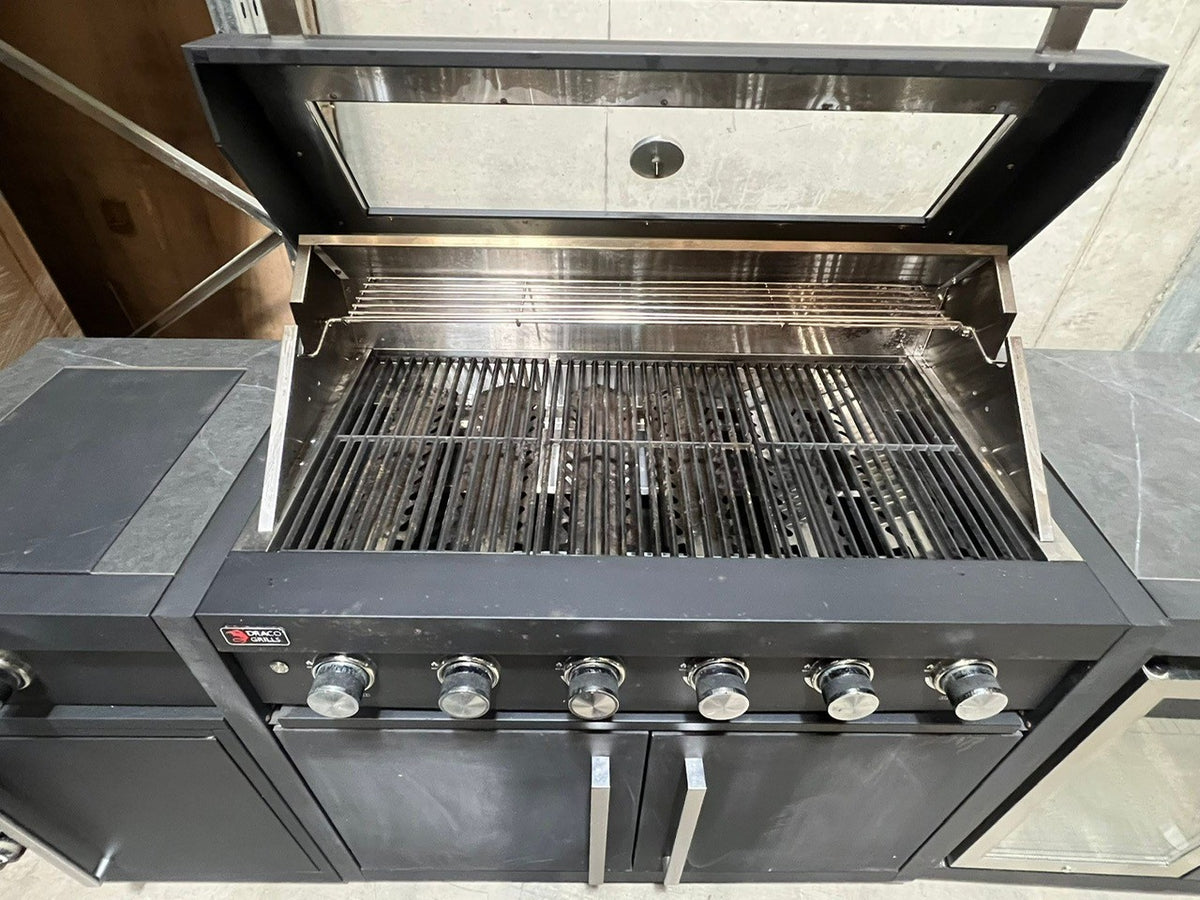Ex Display Draco Grills Fusion 6 Burner Black Outdoor Kitchen with Side Burner,  Single Fridge and Double Cupboard