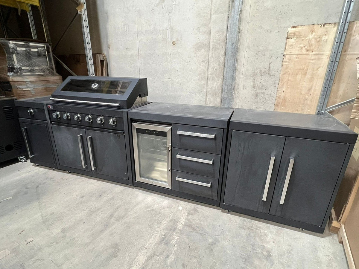 Ex Display Draco Grills Fusion 6 Burner Black Outdoor Kitchen with Side Burner,  Single Fridge and Double Cupboard