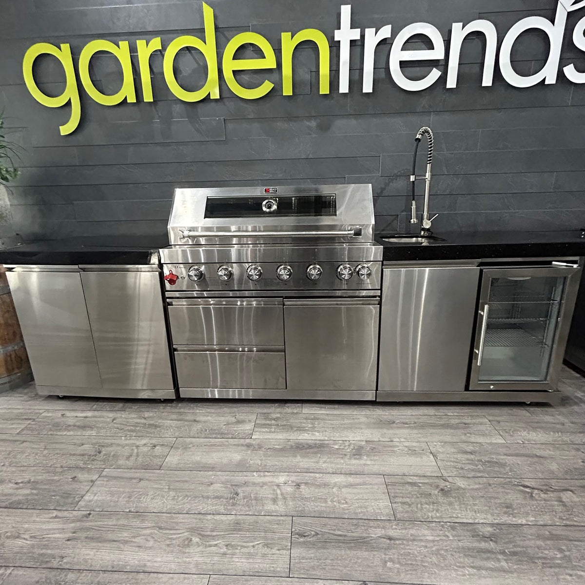 Ex Display Draco Grills 6 Burner Stainless Steel Outdoor Kitchen with Sink and Fridge Unit and Double Cupboard