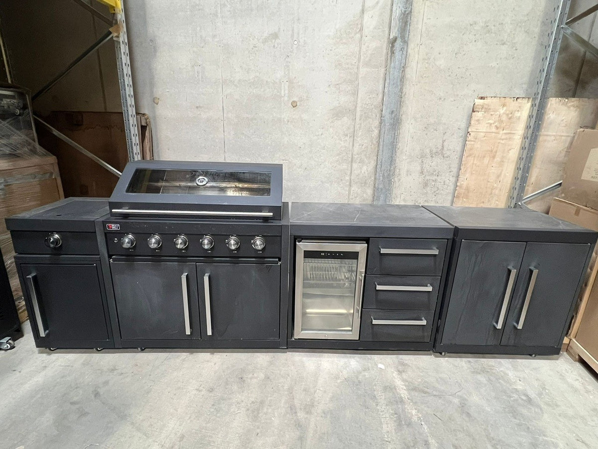 Ex Display Draco Grills Fusion 6 Burner Black Outdoor Kitchen with Side Burner,  Single Fridge and Double Cupboard
