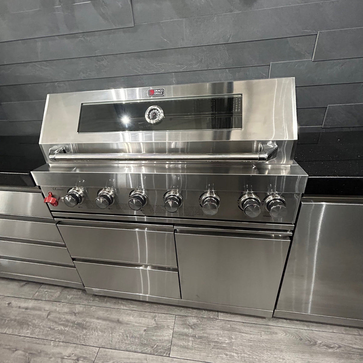 Ex Display Draco Grills 6 Burner Stainless Steel Outdoor Kitchen with 4 Drawer Unit and Single Fridge Unit