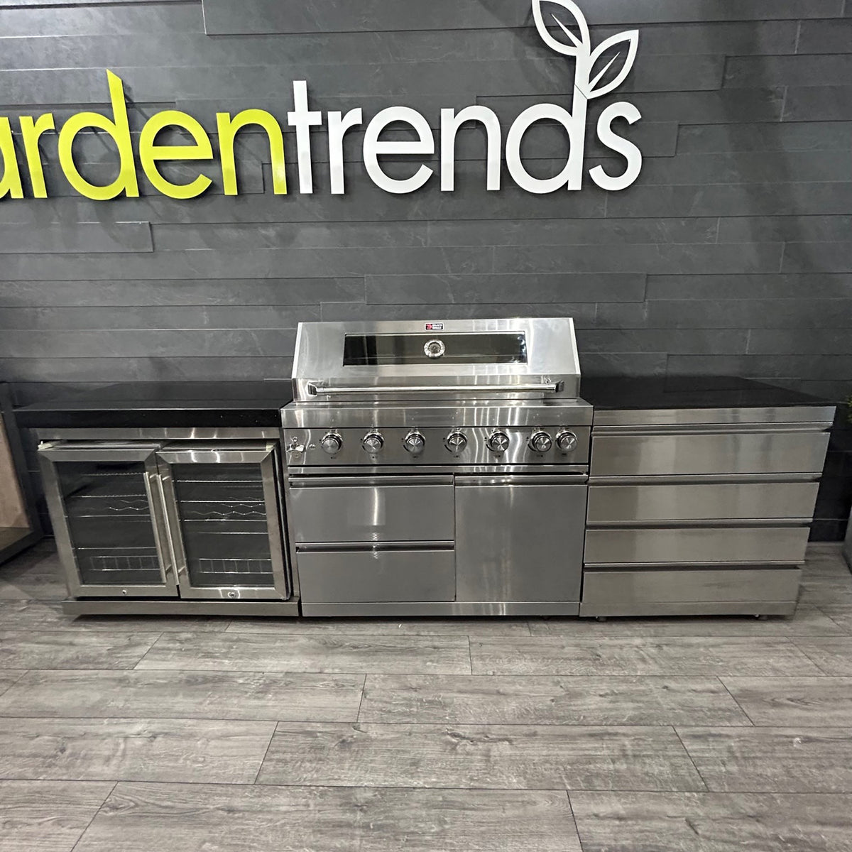Ex Display Draco Grills 6 Burner Stainless Steel Outdoor Kitchen with Double Fridge Unit and 4 Drawer Unit