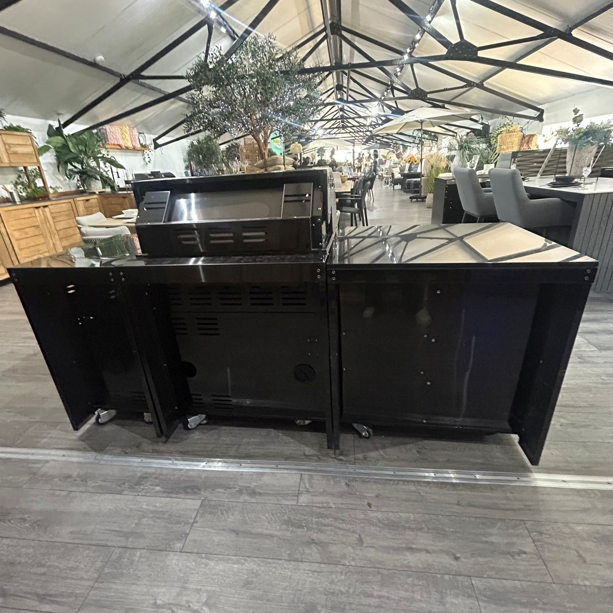 Ex Display Draco Grills 4 Burner Black Stainless Steel Outdoor Kitchen with Double Cupboard and Sear Station
