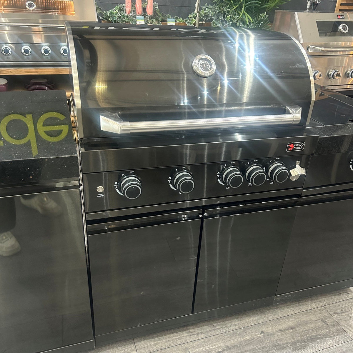 Ex Display Draco Grills 4 Burner Black Stainless Steel Outdoor Kitchen with Double Cupboard and Sear Station