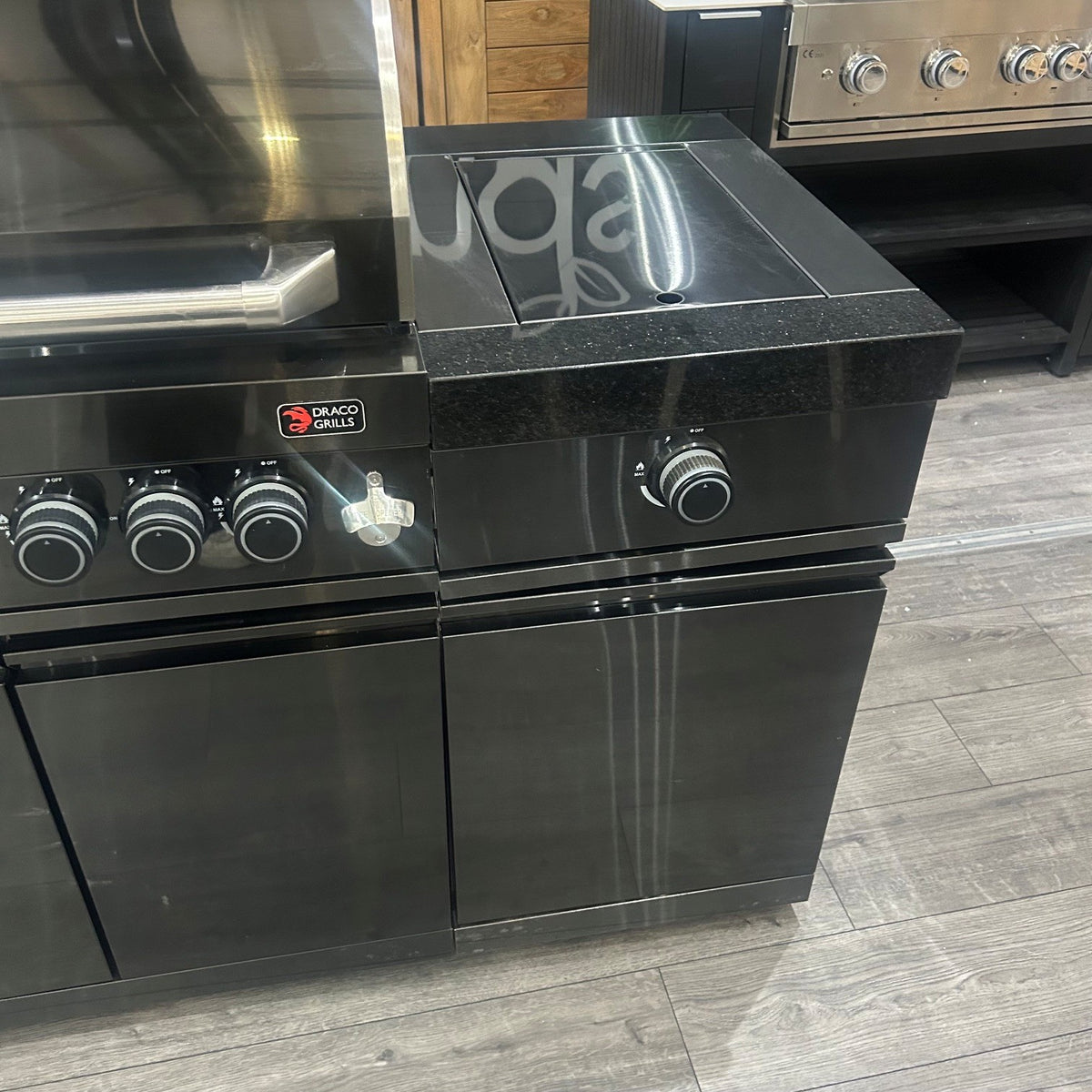 Ex Display Draco Grills 4 Burner Black Stainless Steel Outdoor Kitchen with Double Cupboard and Sear Station