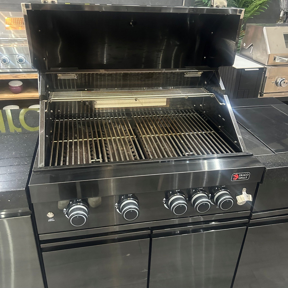 Ex Display Draco Grills 4 Burner Black Stainless Steel Outdoor Kitchen with Double Cupboard and Sear Station
