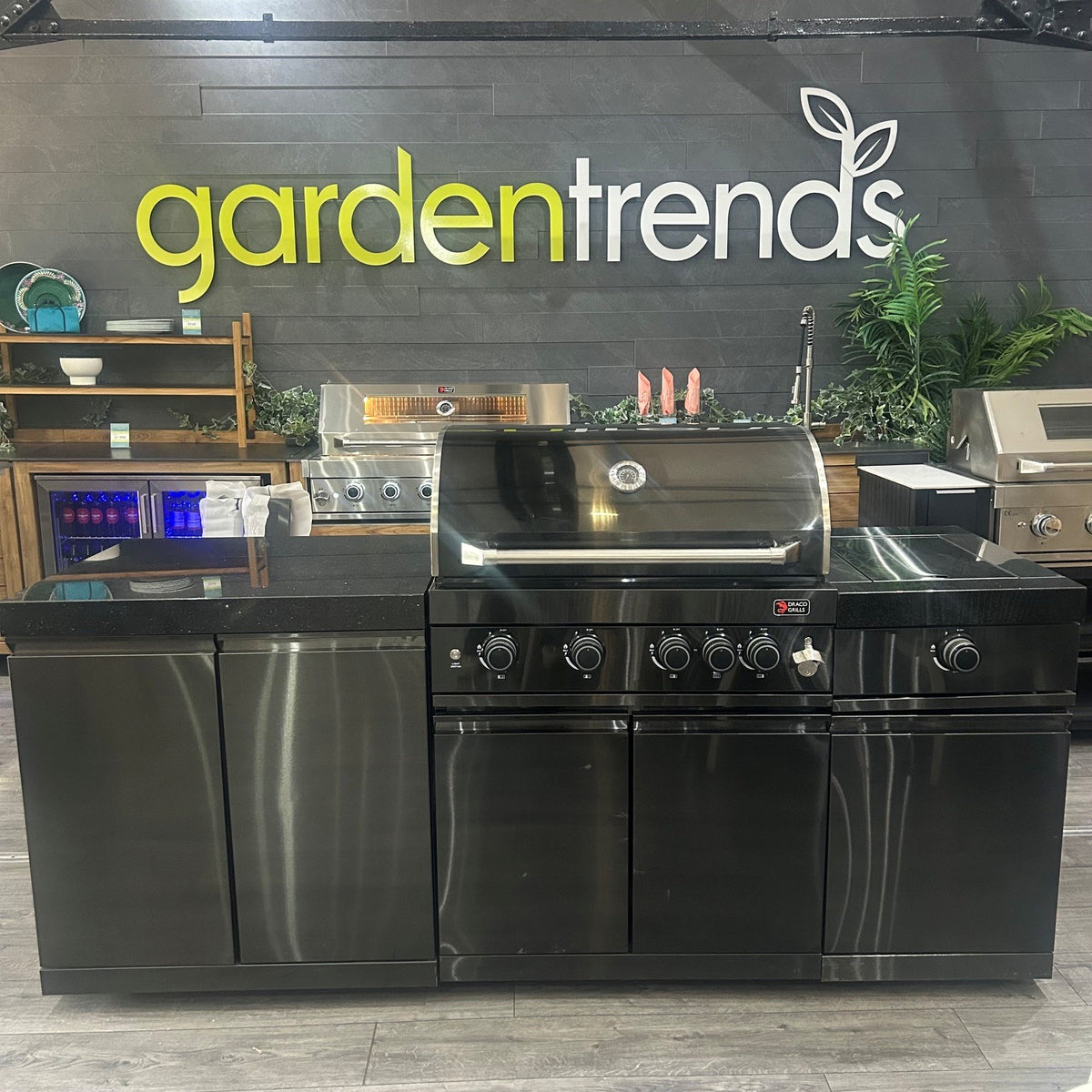 Ex Display Draco Grills 4 Burner Black Stainless Steel Outdoor Kitchen with Double Cupboard and Sear Station