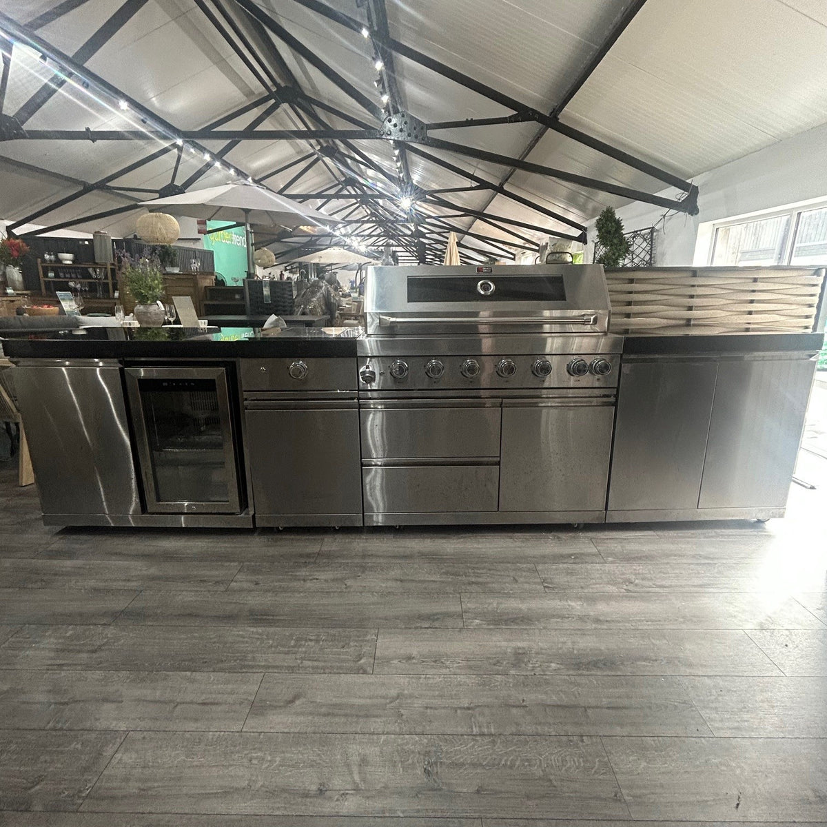 Ex Display Draco Grills 6 Burner Stainless Steel Outdoor Kitchen with Sear Station, Single Fridge, Double Cupboard