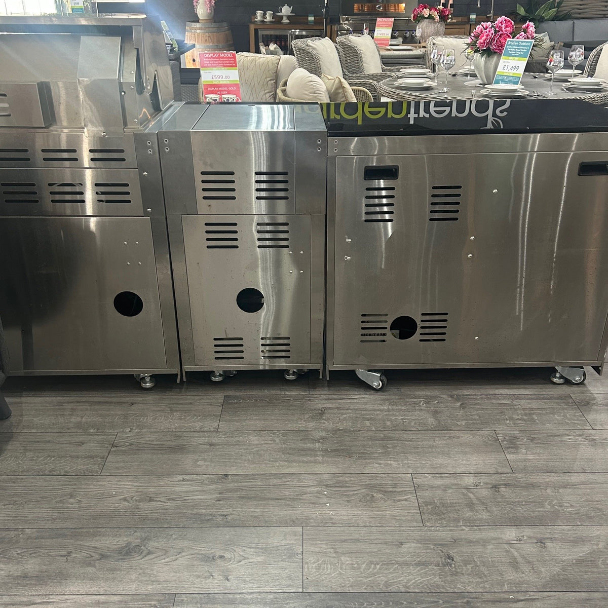 Ex Display Draco Grills 6 Burner Stainless Steel Outdoor Kitchen with Sear Station, Single Fridge, Double Cupboard