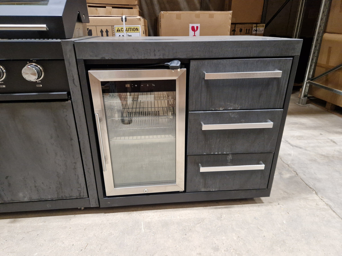 Ex Display Draco Grills Fusion 6 Burner Black Outdoor Kitchen with Single Fridge and Double Cupboard