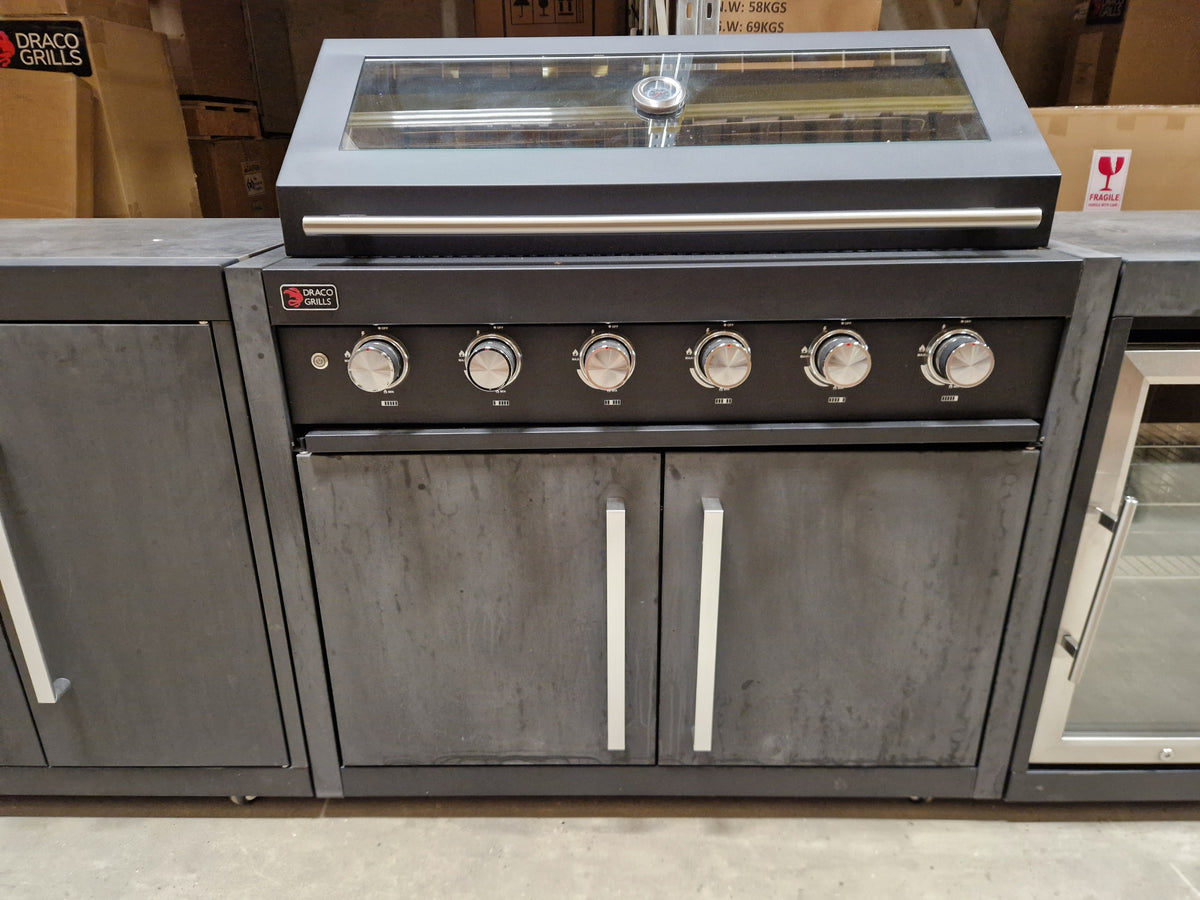 Ex Display Draco Grills Fusion 6 Burner Black Outdoor Kitchen with Single Fridge and Double Cupboard