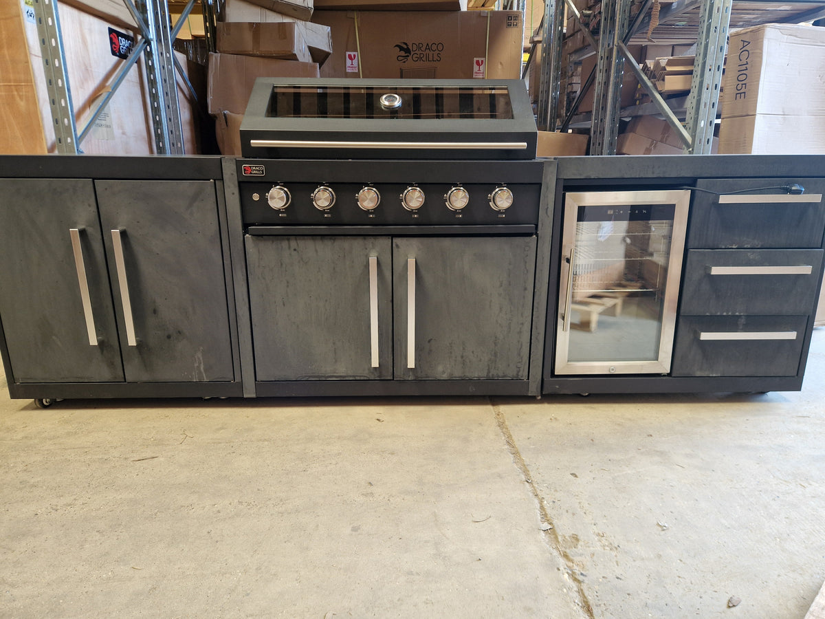 Ex Display Draco Grills Fusion 6 Burner Black Outdoor Kitchen with Single Fridge and Double Cupboard