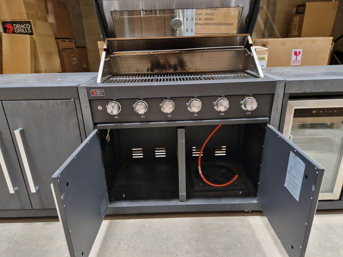 Ex Display Draco Grills Fusion 6 Burner Black Outdoor Kitchen with Single Fridge and Double Cupboard