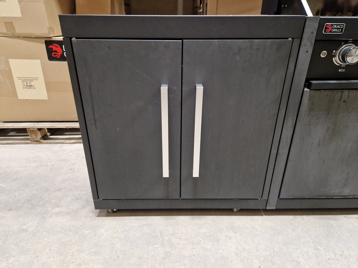 Ex Display Draco Grills Fusion 6 Burner Black Outdoor Kitchen with Single Fridge and Double Cupboard