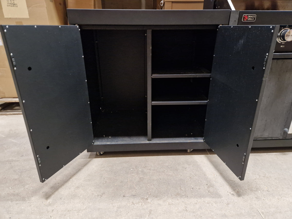 Ex Display Draco Grills Fusion 6 Burner Black Outdoor Kitchen with Single Fridge and Double Cupboard