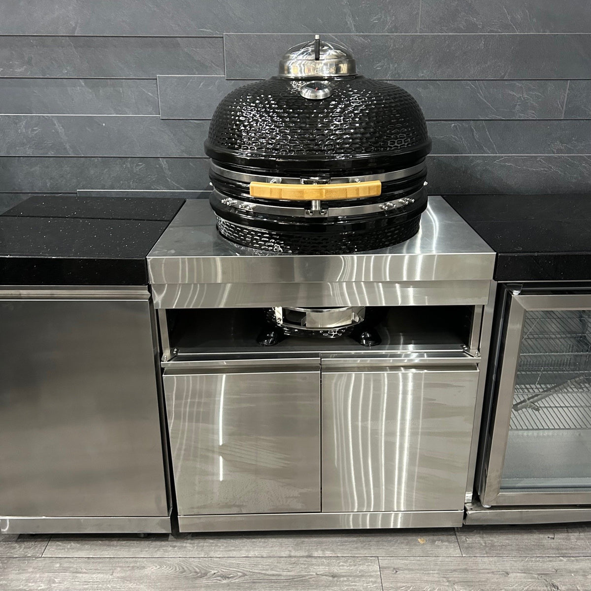 Ex Display Draco Grills Outdoor Kitchen Stainless Steel Black Kamado Egg BBQ Unit, Double Fridge Unit and Single Cupboard