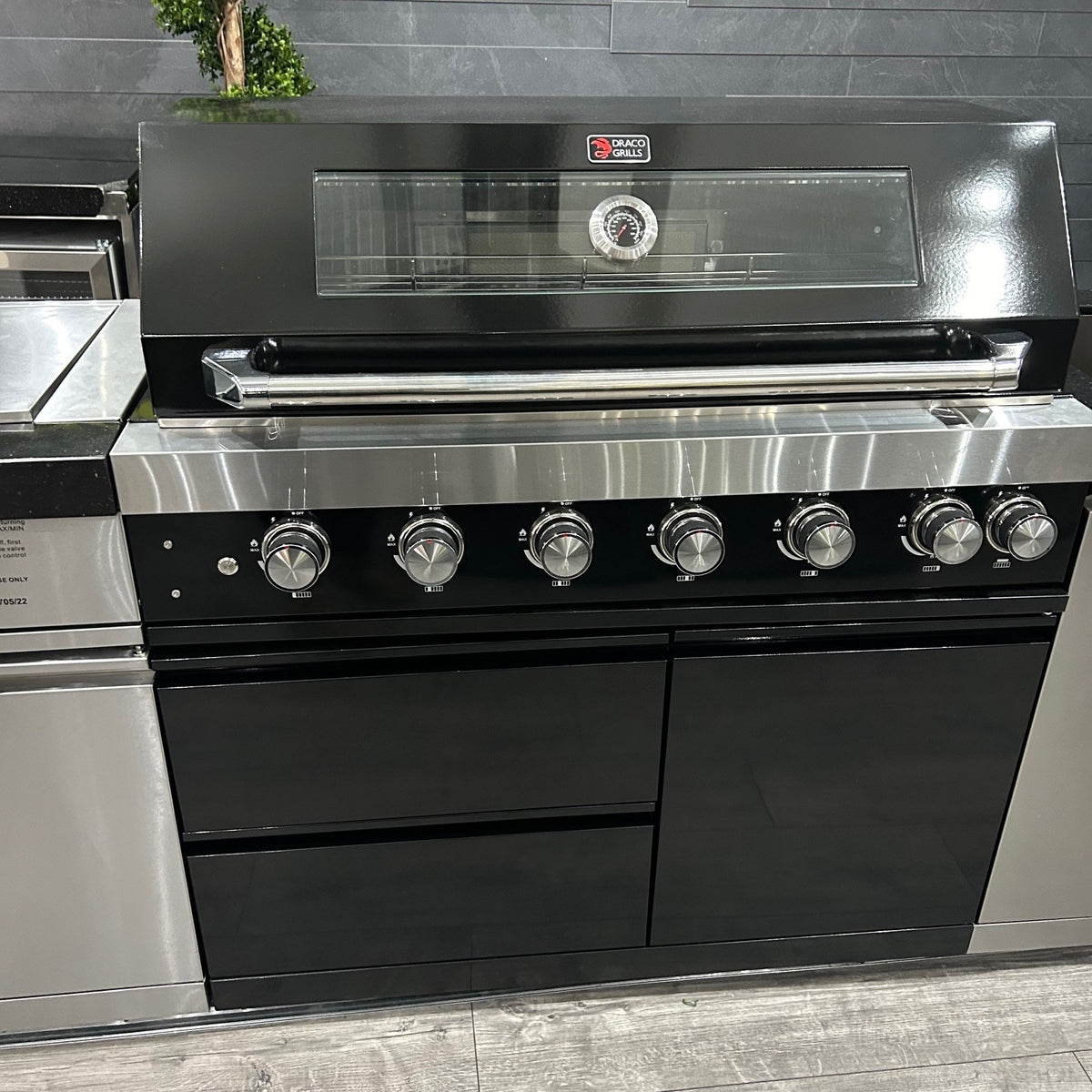 Ex Display Draco Grills 6 Burner BBQ Black Modular Outdoor Kitchen with Stainless Steel Sear Station, Sink and Fridge Unit and Twin Drawer Unit