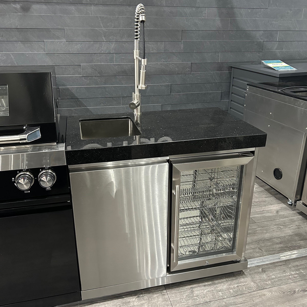 Ex Display Draco Grills 4 Burner Stainless Steel Outdoor Kitchen with Integrated Sear Station,  Double Fridge Unit and Twin Drawer Unit