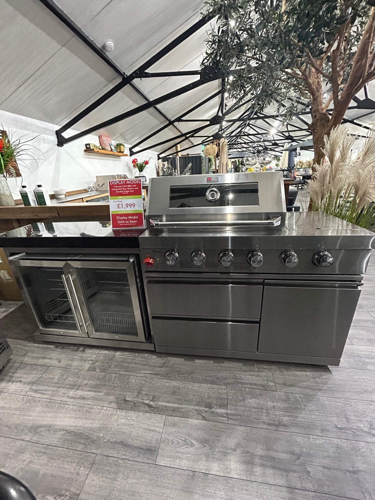 Ex Display Draco Grills 4 Burner Stainless Steel Outdoor Kitchen with Integrated Sear Station and Double Fridge Unit