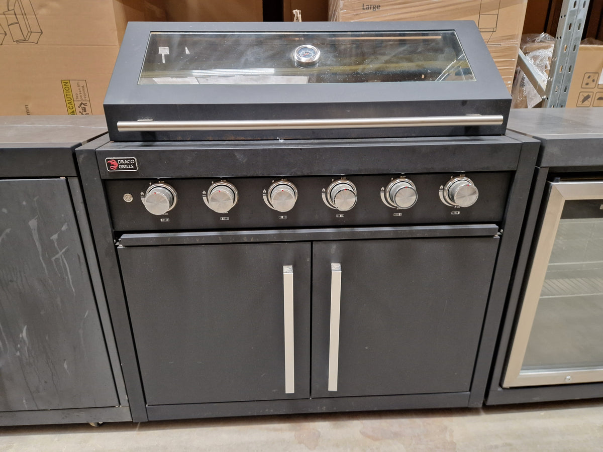 Ex Display Draco Grills Fusion 6 Burner Black Outdoor Kitchen with Single Fridge and Double Cupboard
