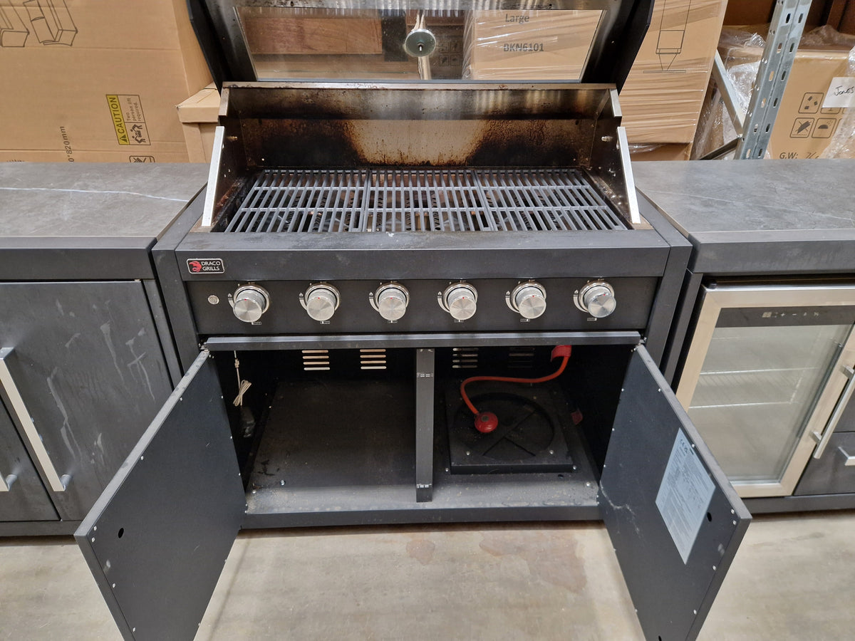 Ex Display Draco Grills Fusion 6 Burner Black Outdoor Kitchen with Single Fridge and Double Cupboard