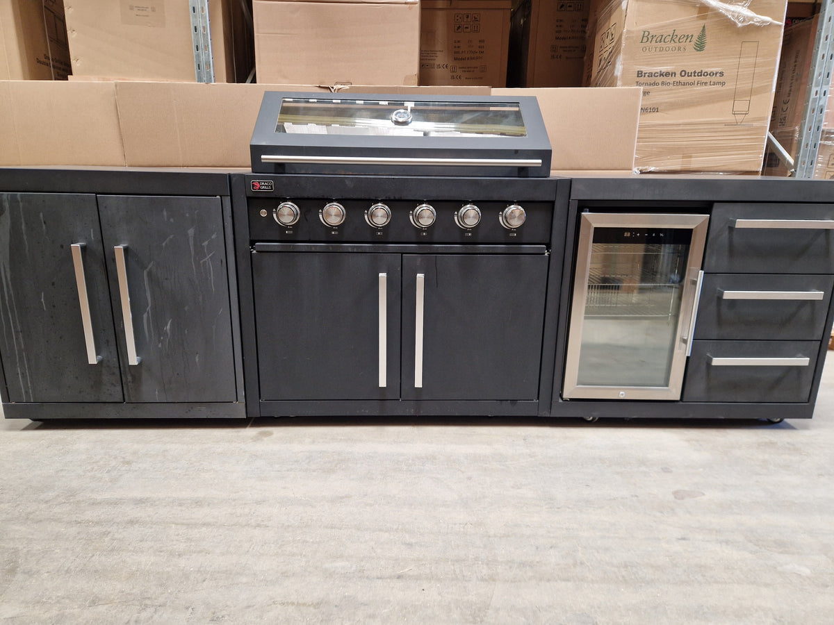 Ex Display Draco Grills Fusion 6 Burner Black Outdoor Kitchen with Single Fridge and Double Cupboard