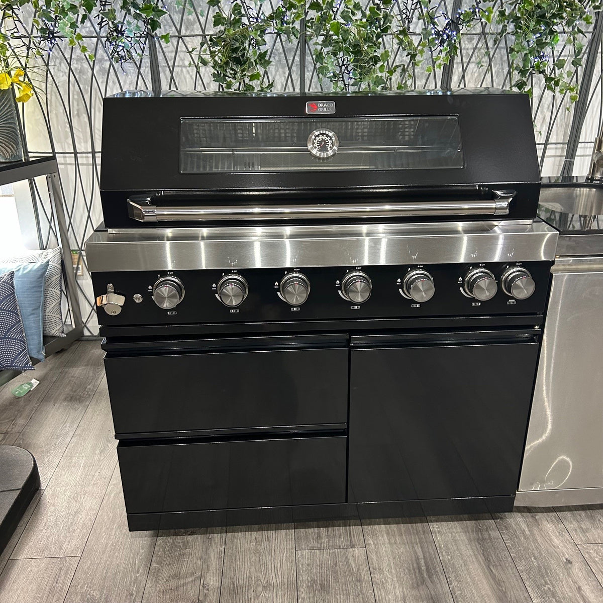 Ex Display Draco Grills 6 Burner Black Outdoor Kitchen with Stainless Steel Sink and Fridge Unit