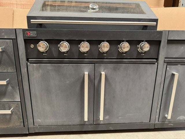 Ex Display Draco Grills Fusion 6 Burner Black Outdoor Kitchen with Side Burner and Single Fridge Unit