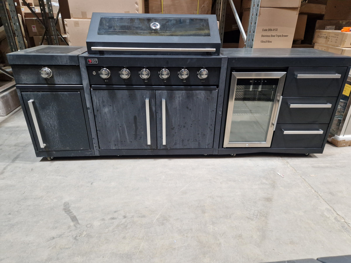 Ex Display Draco Grills Fusion 6 Burner Black Outdoor Kitchen with Side Burner and Single Fridge Unit