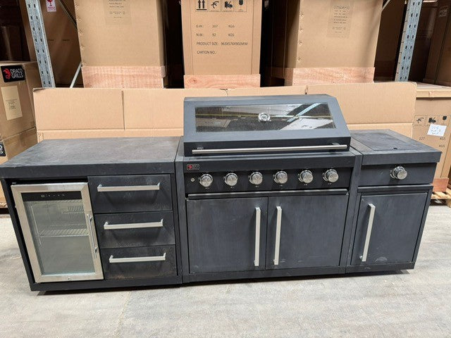 Ex Display Draco Grills Fusion 6 Burner Black Outdoor Kitchen with Side Burner and Single Fridge Unit