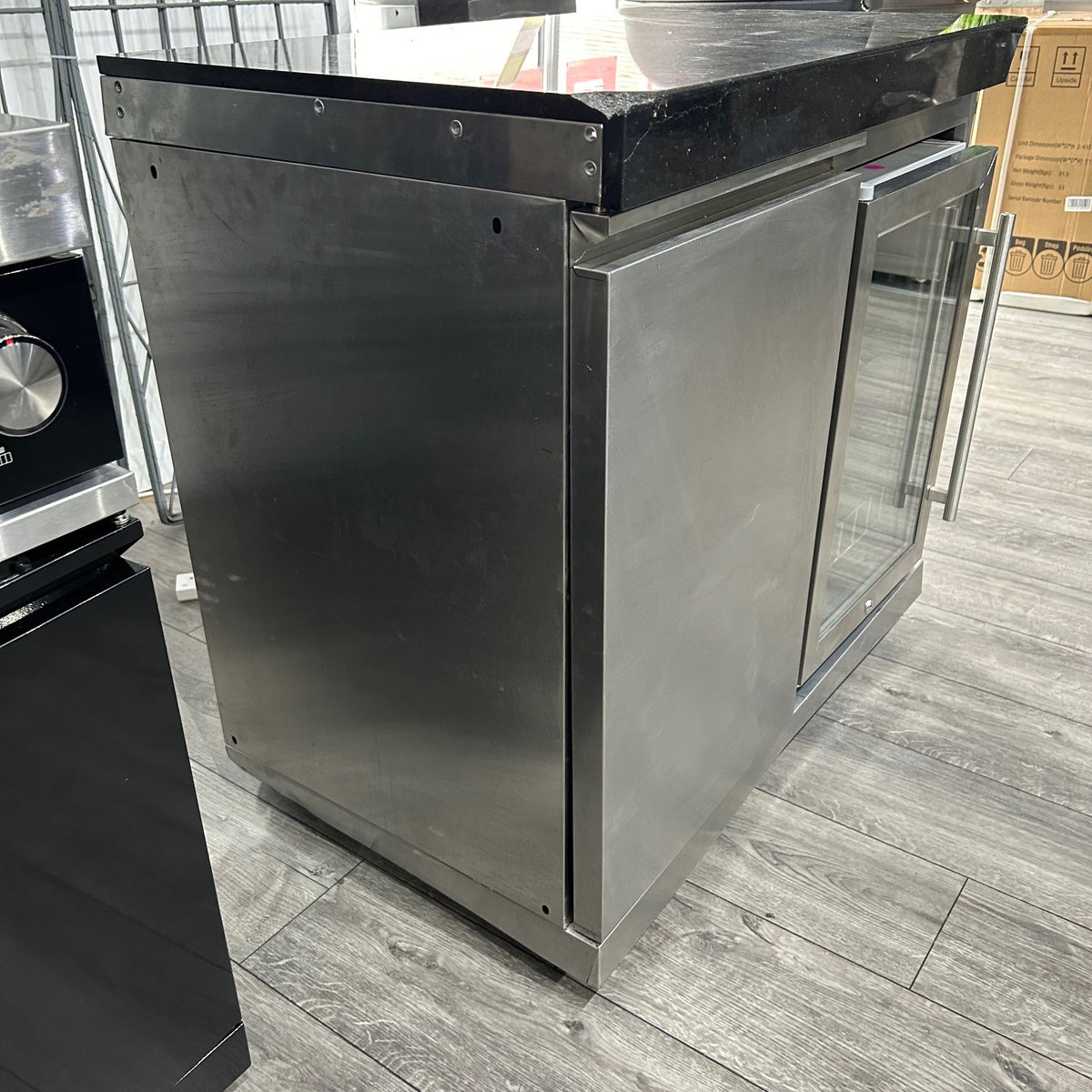 Ex Display Draco Grills 6 Burner Black Outdoor Kitchen with Stainless Steel Single Fridge Unit