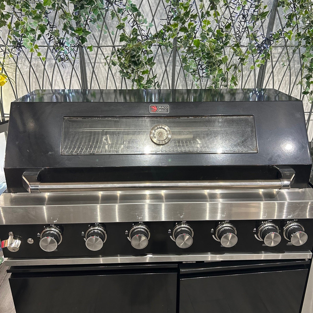 Ex Display Draco Grills 6 Burner Black Outdoor Kitchen with Stainless Steel Single Fridge Unit