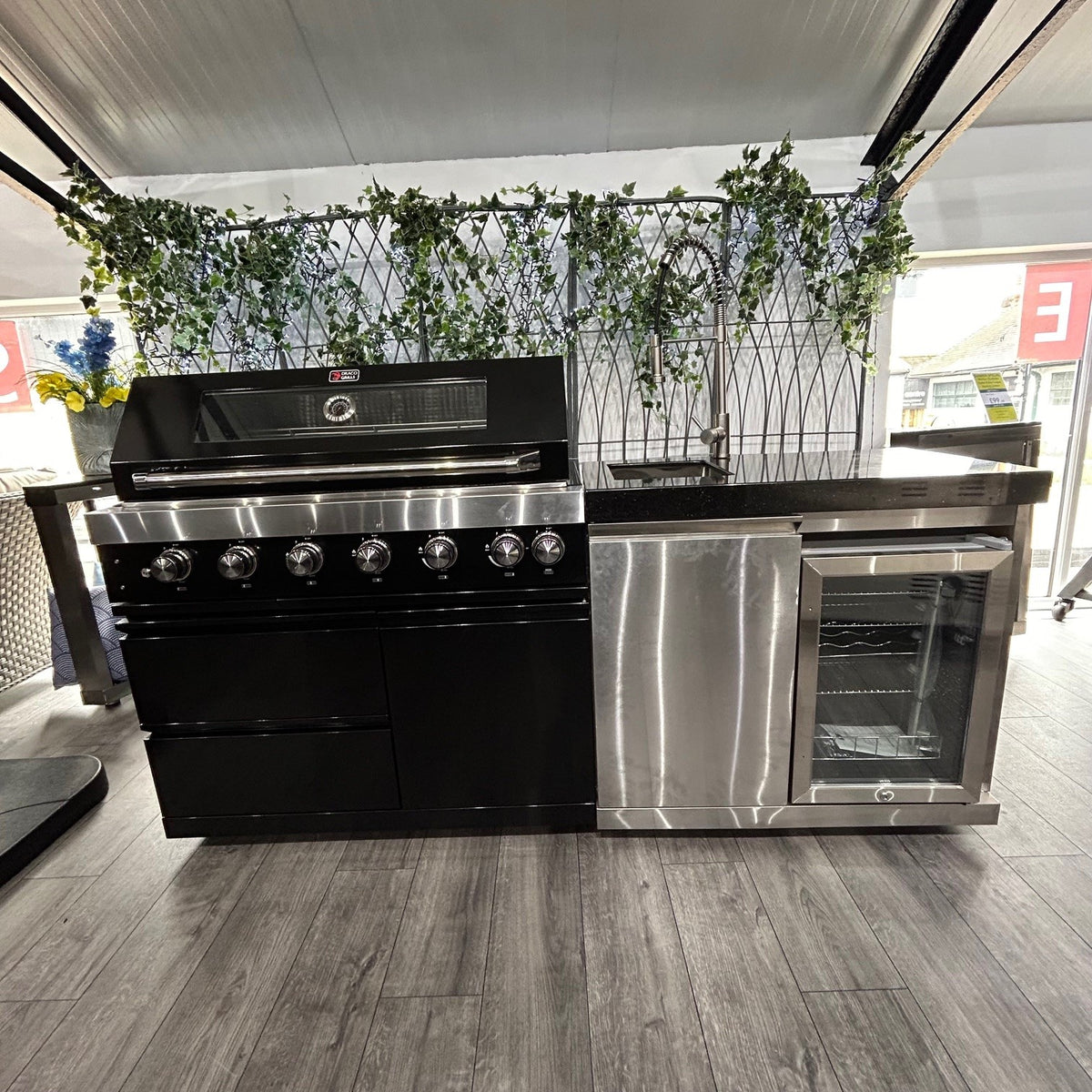 Ex Display Draco Grills 6 Burner Black Outdoor Kitchen with Stainless Steel Sink and Fridge Cabinet